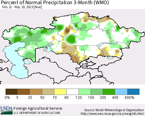 Kazakhstan Percent of Normal Precipitation 3-Month (WMO) Thematic Map For 2/21/2023 - 5/20/2023
