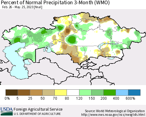 Kazakhstan Percent of Normal Precipitation 3-Month (WMO) Thematic Map For 2/26/2023 - 5/25/2023