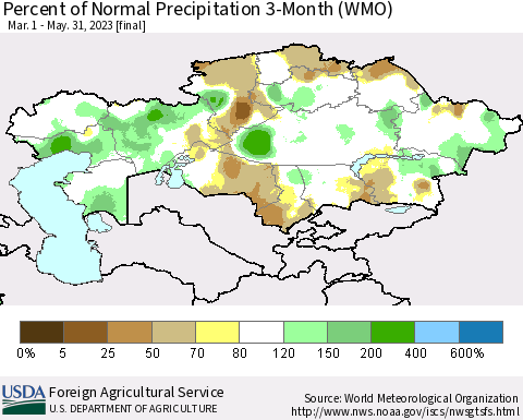Kazakhstan Percent of Normal Precipitation 3-Month (WMO) Thematic Map For 3/1/2023 - 5/31/2023