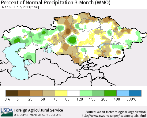Kazakhstan Percent of Normal Precipitation 3-Month (WMO) Thematic Map For 3/6/2023 - 6/5/2023
