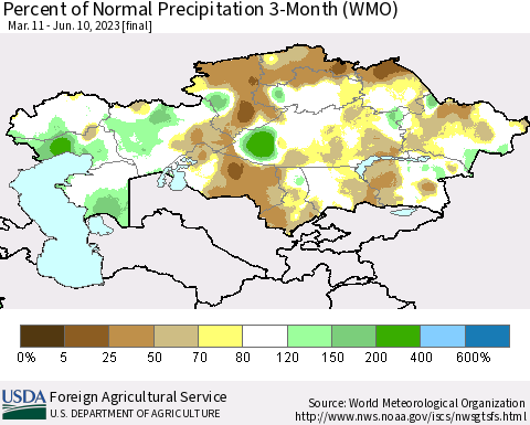 Kazakhstan Percent of Normal Precipitation 3-Month (WMO) Thematic Map For 3/11/2023 - 6/10/2023