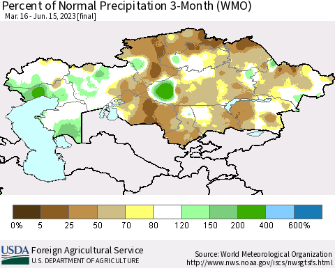 Kazakhstan Percent of Normal Precipitation 3-Month (WMO) Thematic Map For 3/16/2023 - 6/15/2023