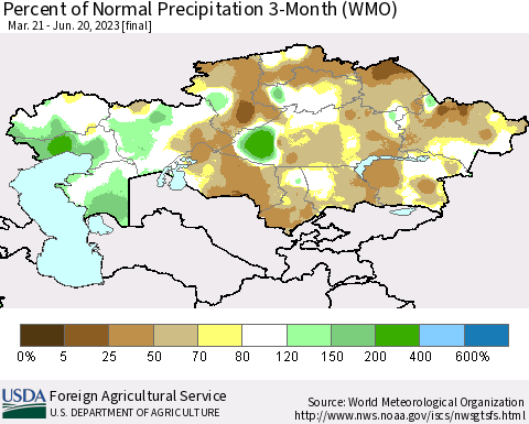 Kazakhstan Percent of Normal Precipitation 3-Month (WMO) Thematic Map For 3/21/2023 - 6/20/2023