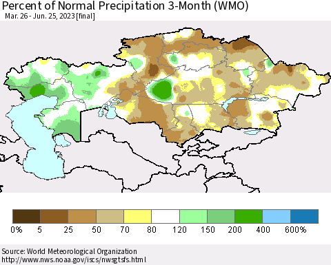 Kazakhstan Percent of Normal Precipitation 3-Month (WMO) Thematic Map For 3/26/2023 - 6/25/2023