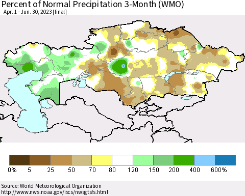 Kazakhstan Percent of Normal Precipitation 3-Month (WMO) Thematic Map For 4/1/2023 - 6/30/2023