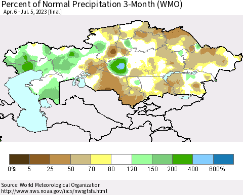 Kazakhstan Percent of Normal Precipitation 3-Month (WMO) Thematic Map For 4/6/2023 - 7/5/2023