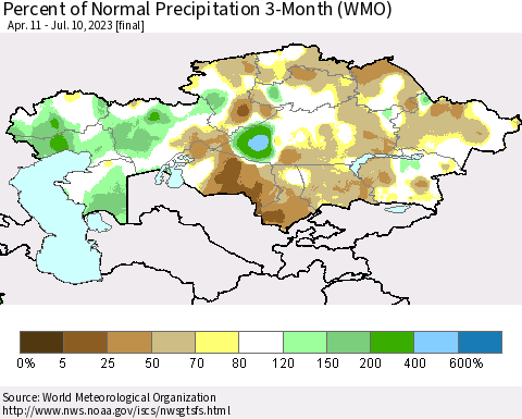 Kazakhstan Percent of Normal Precipitation 3-Month (WMO) Thematic Map For 4/11/2023 - 7/10/2023