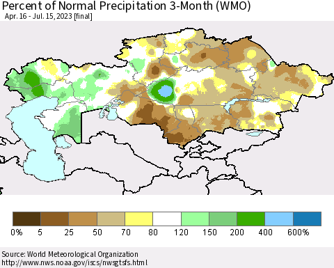 Kazakhstan Percent of Normal Precipitation 3-Month (WMO) Thematic Map For 4/16/2023 - 7/15/2023