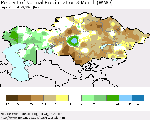 Kazakhstan Percent of Normal Precipitation 3-Month (WMO) Thematic Map For 4/21/2023 - 7/20/2023