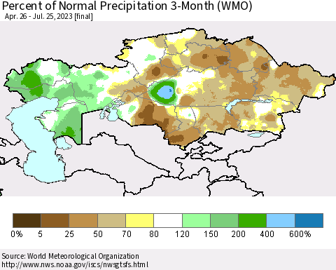 Kazakhstan Percent of Normal Precipitation 3-Month (WMO) Thematic Map For 4/26/2023 - 7/25/2023