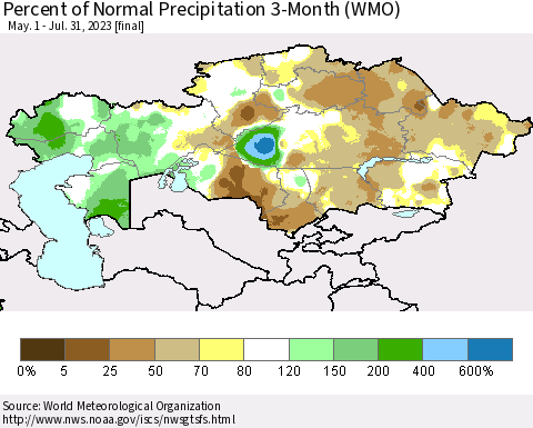 Kazakhstan Percent of Normal Precipitation 3-Month (WMO) Thematic Map For 5/1/2023 - 7/31/2023