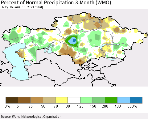 Kazakhstan Percent of Normal Precipitation 3-Month (WMO) Thematic Map For 5/16/2023 - 8/15/2023