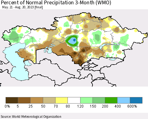 Kazakhstan Percent of Normal Precipitation 3-Month (WMO) Thematic Map For 5/21/2023 - 8/20/2023