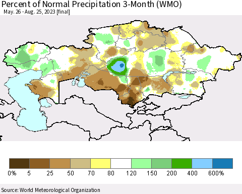 Kazakhstan Percent of Normal Precipitation 3-Month (WMO) Thematic Map For 5/26/2023 - 8/25/2023