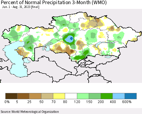 Kazakhstan Percent of Normal Precipitation 3-Month (WMO) Thematic Map For 6/1/2023 - 8/31/2023