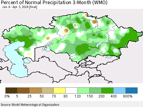 Kazakhstan Percent of Normal Precipitation 3-Month (WMO) Thematic Map For 1/6/2024 - 4/5/2024
