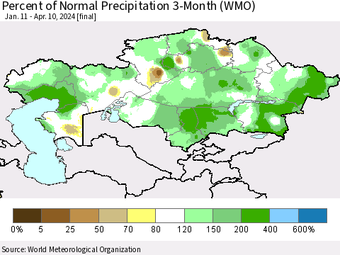 Kazakhstan Percent of Normal Precipitation 3-Month (WMO) Thematic Map For 1/11/2024 - 4/10/2024