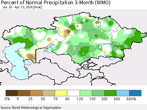 Kazakhstan Percent of Normal Precipitation 3-Month (WMO) Thematic Map For 1/16/2024 - 4/15/2024
