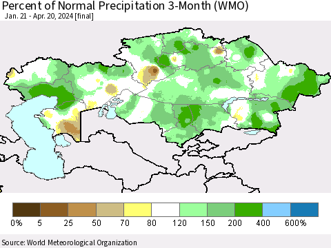 Kazakhstan Percent of Normal Precipitation 3-Month (WMO) Thematic Map For 1/21/2024 - 4/20/2024