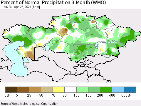 Kazakhstan Percent of Normal Precipitation 3-Month (WMO) Thematic Map For 1/26/2024 - 4/25/2024