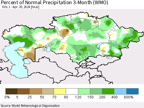 Kazakhstan Percent of Normal Precipitation 3-Month (WMO) Thematic Map For 2/1/2024 - 4/30/2024