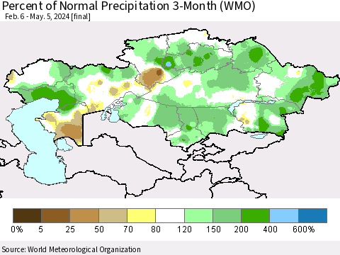 Kazakhstan Percent of Normal Precipitation 3-Month (WMO) Thematic Map For 2/6/2024 - 5/5/2024
