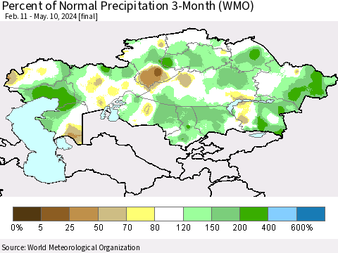 Kazakhstan Percent of Normal Precipitation 3-Month (WMO) Thematic Map For 2/11/2024 - 5/10/2024