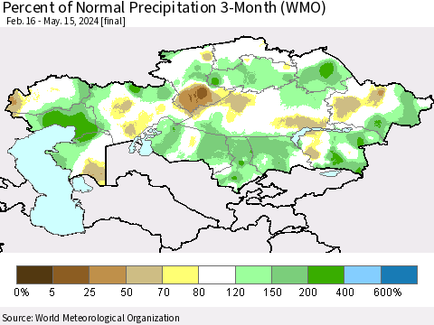 Kazakhstan Percent of Normal Precipitation 3-Month (WMO) Thematic Map For 2/16/2024 - 5/15/2024