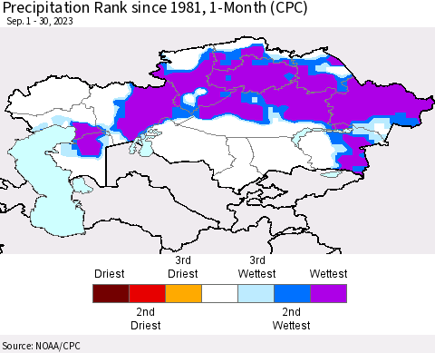 Kazakhstan Precipitation Rank since 1981, 1-Month (CPC) Thematic Map For 9/1/2023 - 9/30/2023
