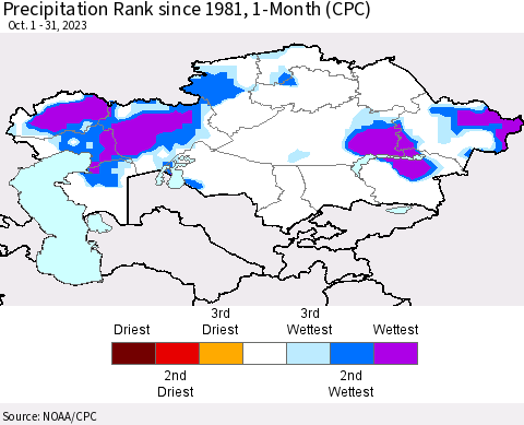 Kazakhstan Precipitation Rank since 1981, 1-Month (CPC) Thematic Map For 10/1/2023 - 10/31/2023