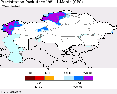 Kazakhstan Precipitation Rank since 1981, 1-Month (CPC) Thematic Map For 11/1/2023 - 11/30/2023