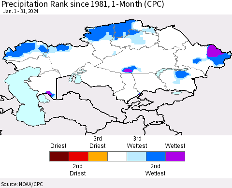 Kazakhstan Precipitation Rank since 1981, 1-Month (CPC) Thematic Map For 1/1/2024 - 1/31/2024