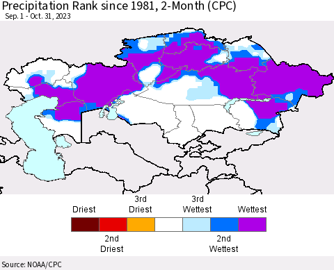 Kazakhstan Precipitation Rank since 1981, 2-Month (CPC) Thematic Map For 9/1/2023 - 10/31/2023