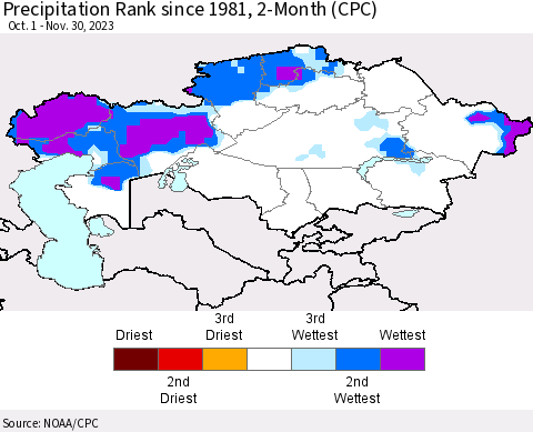 Kazakhstan Precipitation Rank since 1981, 2-Month (CPC) Thematic Map For 10/1/2023 - 11/30/2023