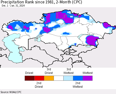 Kazakhstan Precipitation Rank since 1981, 2-Month (CPC) Thematic Map For 12/1/2023 - 1/31/2024