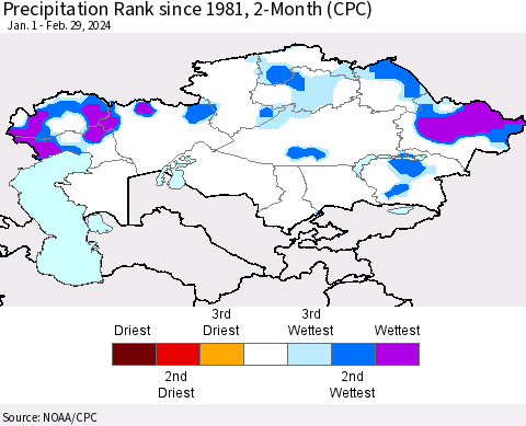 Kazakhstan Precipitation Rank since 1981, 2-Month (CPC) Thematic Map For 1/1/2024 - 2/29/2024