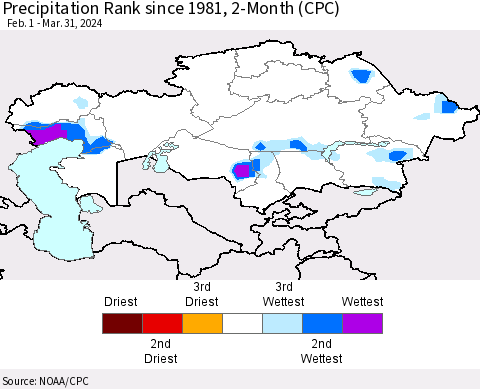 Kazakhstan Precipitation Rank since 1981, 2-Month (CPC) Thematic Map For 2/1/2024 - 3/31/2024