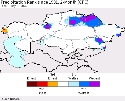 Kazakhstan Precipitation Rank since 1981, 2-Month (CPC) Thematic Map For 4/1/2024 - 5/31/2024
