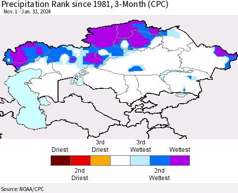 Kazakhstan Precipitation Rank since 1981, 3-Month (CPC) Thematic Map For 11/1/2023 - 1/31/2024