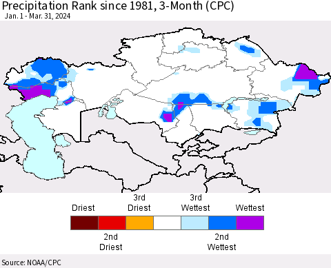 Kazakhstan Precipitation Rank since 1981, 3-Month (CPC) Thematic Map For 1/1/2024 - 3/31/2024