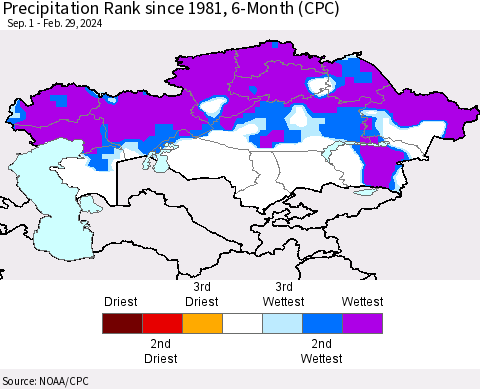 Kazakhstan Precipitation Rank since 1981, 6-Month (CPC) Thematic Map For 9/1/2023 - 2/29/2024