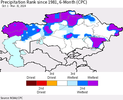 Kazakhstan Precipitation Rank since 1981, 6-Month (CPC) Thematic Map For 10/1/2023 - 3/31/2024