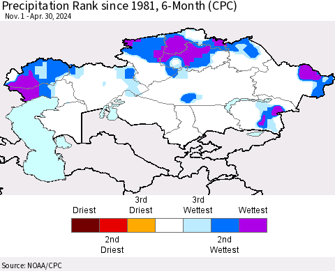 Kazakhstan Precipitation Rank since 1981, 6-Month (CPC) Thematic Map For 11/1/2023 - 4/30/2024