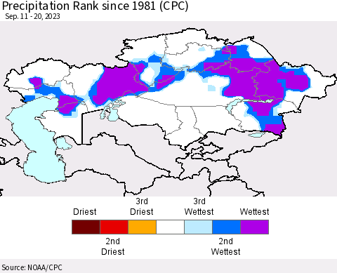 Kazakhstan Precipitation Rank since 1981 (CPC) Thematic Map For 9/11/2023 - 9/20/2023