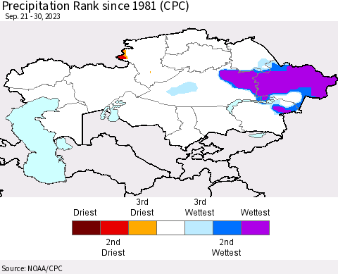 Kazakhstan Precipitation Rank since 1981 (CPC) Thematic Map For 9/21/2023 - 9/30/2023