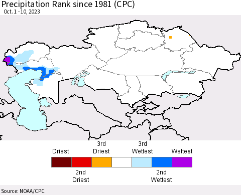 Kazakhstan Precipitation Rank since 1981 (CPC) Thematic Map For 10/1/2023 - 10/10/2023
