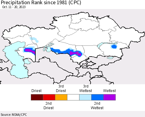 Kazakhstan Precipitation Rank since 1981 (CPC) Thematic Map For 10/11/2023 - 10/20/2023