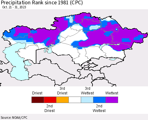 Kazakhstan Precipitation Rank since 1981 (CPC) Thematic Map For 10/21/2023 - 10/31/2023