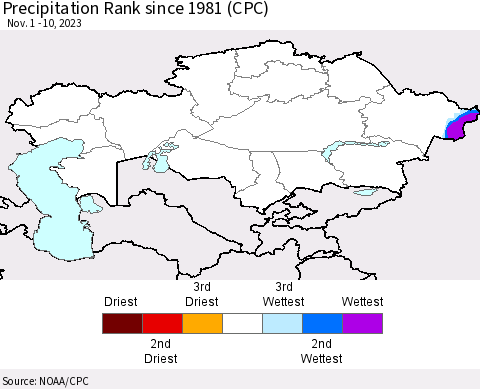 Kazakhstan Precipitation Rank since 1981 (CPC) Thematic Map For 11/1/2023 - 11/10/2023