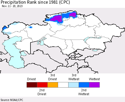 Kazakhstan Precipitation Rank since 1981 (CPC) Thematic Map For 11/11/2023 - 11/20/2023